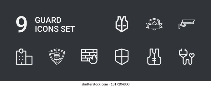 Editable 9 guard icons for web and mobile. Set of guard included icons line Medical insurance, Lifejacket, Firewall, Shield, Police station, Cctv, Vest on dark background