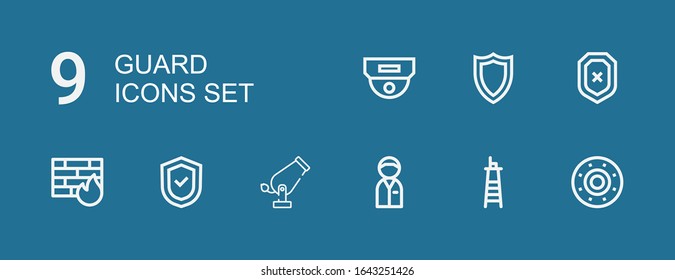Editable 9 guard icons for web and mobile. Set of guard included icons line Shield, Lifeguard, Policeman, Cannon, Firewall, Cctv on blue background