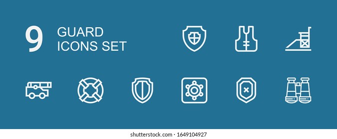 Editable 9 guard icons for web and mobile. Set of guard included icons line Binoculars, Shield, Hidden camera, Lifesaver, Cannon, Vigilance, Lifejacket on blue background