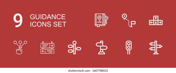Editable 9 guidance icons for web and mobile. Set of guidance included icons line Signpost, Traffic light, Sign Post, Direction, Choice, Guide on red background