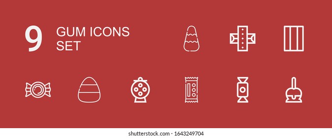 Editable 9 gum icons for web and mobile. Set of gum included icons line Candy, Chewing gum, on red background