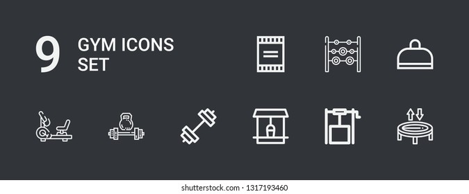 Editable 9 gym icons for web and mobile. Set of gym included icons line Trampoline, Well, Gym, Weightlifting, Stationary bike, Weights, Powder on dark background