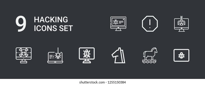 Editable 9 hacking icons for web and mobile. Set of hacking included icons line Spam, Trojan, Malware, Spyware, Hacker on dark background
