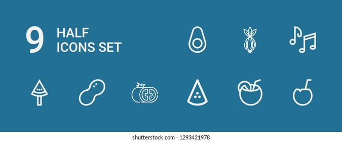 Editable 9 half icons for web and mobile. Set of half included icons line Coconut, Watermelon, Tomato, Peanut, Music notes, Onion, Avocado on blue background