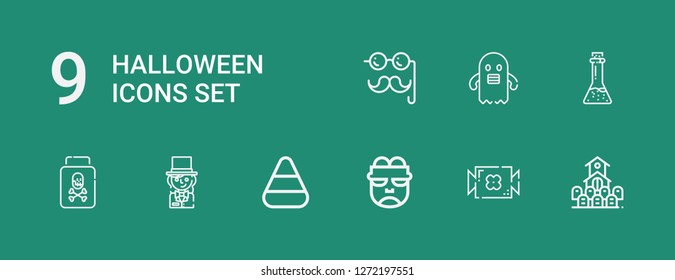 Editable 9 halloween icons for web and mobile. Set of halloween included icons line Cemetery, Candy, Frankenstein, Candy corn, Magician, Poison, Potion, Ghost on green background