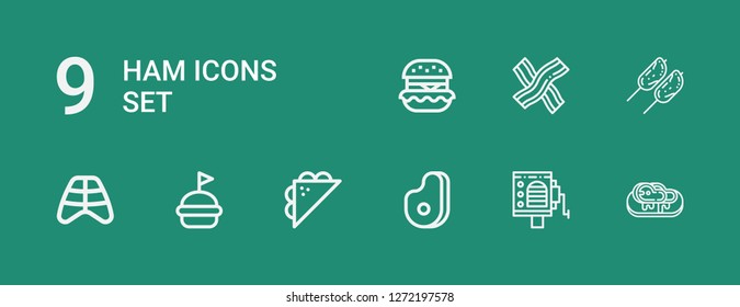 Editable 9 ham icons for web and mobile. Set of ham included icons line Steak, Barrel organ, Meat, Sandwich, Hamburguer, Ribs, Chicken, Bacon on green background