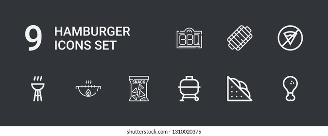 Editable 9 hamburger icons for web and mobile. Set of hamburger included icons line Fried chicken, Sandwich, Bbq, Snack, Grill, No fast food on dark background