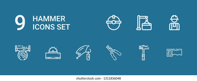 Editable 9 hammer icons for web and mobile. Set of hammer included icons line Saw, Hammer, Plier, Trowel, Worker, Maintenance on blue background