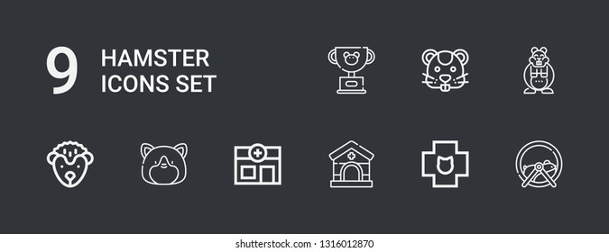 Editable 9 hamster icons for web and mobile. Set of hamster included icons line Hamster ball, Veterinary, Hedgehog, Pet on dark background