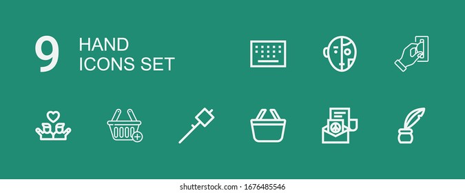 Editable 9 iconos de mano para web y móvil. Juego de manos incluye iconos línea Inkwell, Paz, cesta de compras, Marshmallow, Amigos, Insertar moneda, Robot, Keypad sobre fondo verde