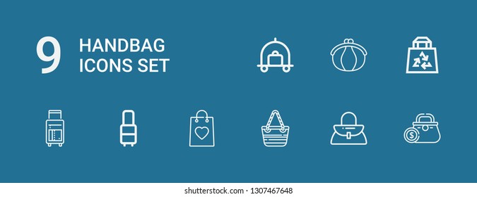 Editable 9 handbag icons for web and mobile. Set of handbag included icons line Purse, Handbag, Hand bag, Bag, Suitcase, Luggage on blue background