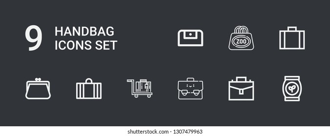 Editable 9 handbag icons for web and mobile. Set of handbag included icons line Bag, Suitcase, Luggage, Purse on dark background