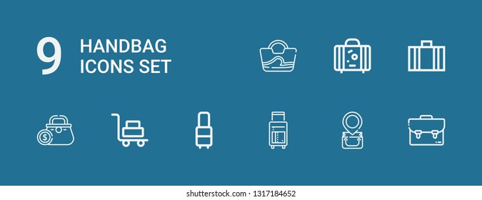 Editable 9 handbag icons for web and mobile. Set of handbag included icons line Suitcase, Bag, Luggage, Purse on blue background