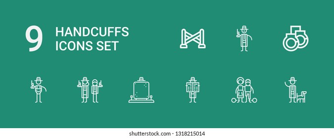 Editable 9 handcuffs icons for web and mobile. Set of handcuffs included icons line Detective, Slavery, Handcuffs, Police line on green background