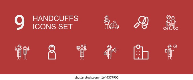 Editable 9 handcuffs icons for web and mobile. Set of handcuffs included icons line Detective, Police station, Criminal, Slavery on red background