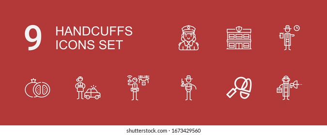 Editable 9 handcuffs icons for web and mobile. Set of handcuffs included icons line Detective, Grenade, Police station, Police on red background
