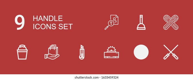 Editable 9 handle icons for web and mobile. Set of handle included icons line Skewers, Shovel, Saw, Cutter, Shopping bag, Bucket, Wooden spoon, Plunger, Search on red background