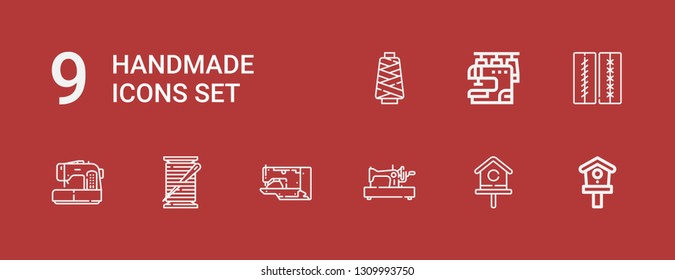 Editable 9 handmade icons for web and mobile. Set of handmade included icons line Birdhouse, Sewing machine, Thread spool, Stitches, Thread on red background