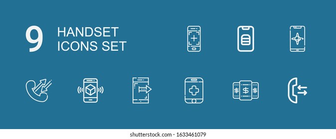 Editable 9 handset icons for web and mobile. Set of handset included icons line Call, Smartphone on blue background