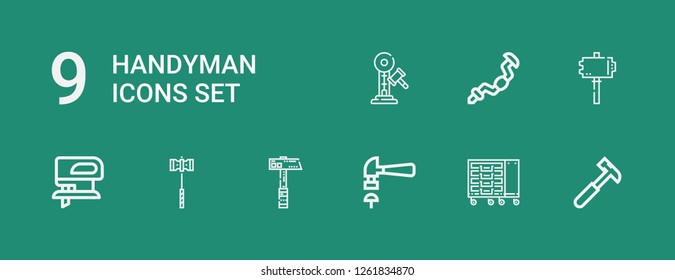 Editable 9 handyman icons for web and mobile. Set of handyman included icons line Hammer, Tool box, Fretsaw, Ratchet on green background