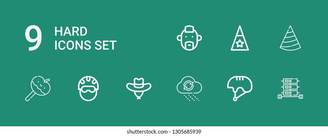 Editable 9 hard icons for web and mobile. Set of hard included icons line Server, Helmet, Rain, Hat, Caramelized apple, Punk on green background