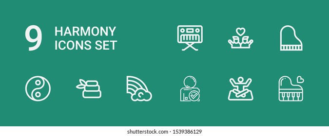 Editable 9 harmony icons for web and mobile. Set of harmony included icons line Piano, Yoga, Friend, Rainbow, Zen, Yin yang, Friends on green background