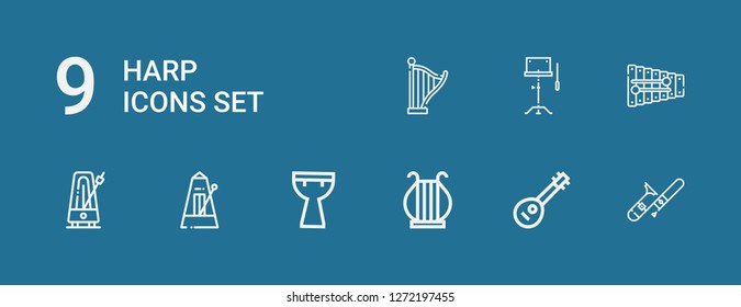 Editable 9 harp icons for web and mobile. Set of harp included icons line Trombone, Mandolin, Harp, Kettledrum, Metronome, Xylophone, Orchestra on blue background