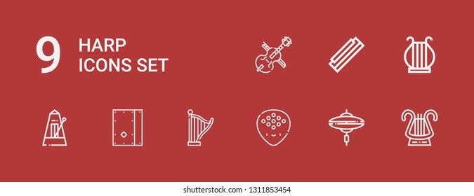 Editable 9 harp icons for web and mobile. Set of harp included icons line Lyre, Cymbal, Plectrum, Harp, Cajon, Metronome, Harmonica, Cello on red background