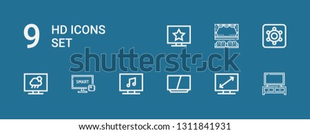 Editable 9 hd icons for web and mobile. Set of hd included icons line Television, Smart tv, Hidden camera, Cinema on blue background