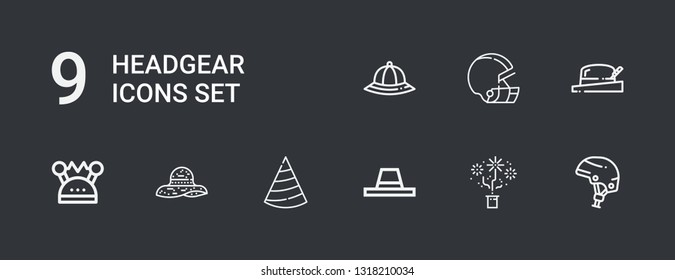 Editable 9 headgear icons for web and mobile. Set of headgear included icons line Helmet, Hat on dark background