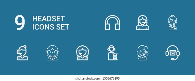 Editable 9 headset icons for web and mobile. Set of headset included icons line Headphones, Call center, Operator, Receptionist on blue background