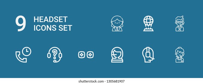Editable 9 headset icons for web and mobile. Set of headset included icons line Call center, Operator, Vr, Headphones, Support, Hologram, Receptionist on blue background