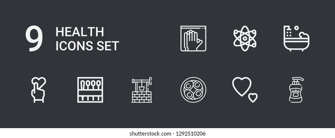 Editable 9 health icons for web and mobile. Set of health included icons line Shampoo, Love, Soy eggs, Well, Needle, Heart, Bathtub, Atom, Latex on dark background