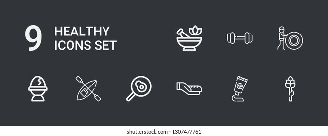 Editable 9 healthy icons for web and mobile. Set of healthy included icons line Asparagus, Medicine, Bread, Fried egg, Kayak, Egg, Fitness, Dumbbell, Mortar on dark background