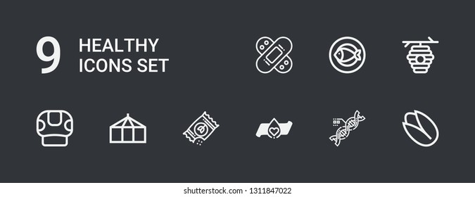 Editable 9 healthy icons for web and mobile. Set of healthy included icons line Pistachio, Dna, Blood donation, Seeds, Tent, Mushroom, Beehive, Fish, Bandage on dark background
