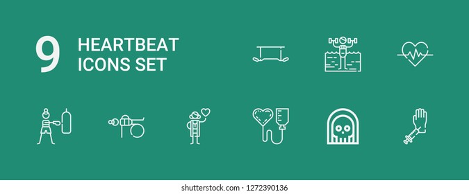 Editable 9 heartbeat icons for web and mobile. Set of heartbeat included icons line Blood donation, Death, Cardiologist, Fitness, Heartbeat, Exercise on green background