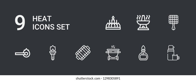 Editable 9 heat icons for web and mobile. Set of heat included icons line Thermo, Burner, Grill, Torch, Match, Oven, Candle on dark background