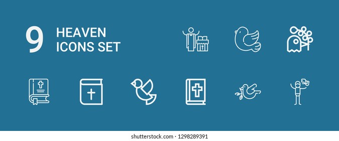 Editable 9 heaven icons for web and mobile. Set of heaven included icons line Dove, Bible, Pigeon, Priest on blue background