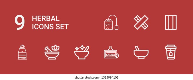 Editable 9 herbal icons for web and mobile. Set of herbal included icons line Tea, Mortar, Sauna, Chewing gum, Tea bag on red background