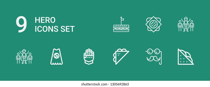 Editable 9 hero icons for web and mobile. Set of hero included icons line Sandwich, Costume, Gauntlet, Superhero on green background