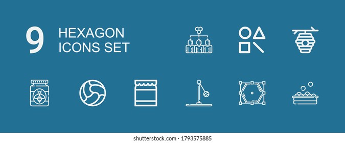 Editable 9 hexagon icons for web and mobile. Set of hexagon included icons line Balls, Polygon, Ball, Honey, Beehive, Shape, Hive on blue background