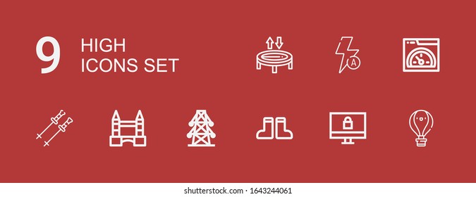 Editable 9 high icons for web and mobile. Set of high included icons line Hot air balloon, Monitor, Boots, Electric tower, Tower bridge, Poles, Speed, Auto flash on red background