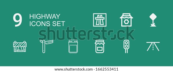 Editable 9 highway icons for\
web and mobile. Set of highway included icons line Road, Traffic\
light, Jam, Straight, Barrier, Road sign, Motorway on green\
background