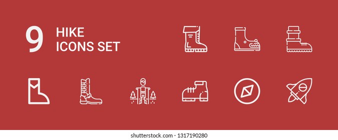 Editable 9 hike icons for web and mobile. Set of hike included icons line Adventure, Boot, Hiking, Boots on red background