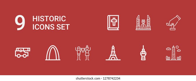 Editable 9 historic icons for web and mobile. Set of historic included icons line Obelisk, berlin, Eiffel tower, Triumph, Gateway arch, Cannon, Democracy monument on red background