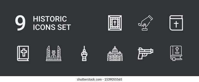 Editable 9 historic icons for web and mobile. Set of historic included icons line Bible, Gun, Vaticano, Fernsehturm berlin, Democracy monument, Cannon on dark background