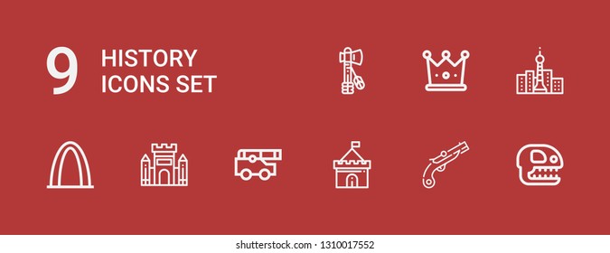 Editable 9 history icons for web and mobile. Set of history included icons line Fossil, Musket, Castle, Cannon, Gateway arch, Tower, Crown, Tomahawk on red background