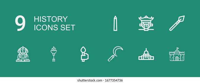 Editable 9 history icons for web and mobile. Set of history included icons line Castle, Capitol, Sickle, Torch, Sphinx, Spear, Pagoda, National mall on green background