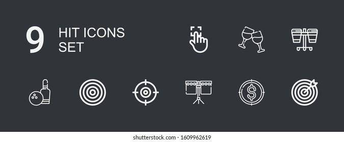 Editable 9 hit icons for web and mobile. Set of hit included icons line Target, Drum, Shooter, Dartboard, Bowling, Cheers, Touch on dark background