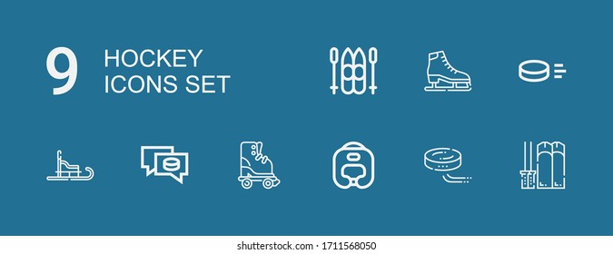 Editable 9 hockey icons for web and mobile. Set of hockey included icons line Ski, Puck, Boxing helmet, Roller skate, Luge, Ice skate on blue background